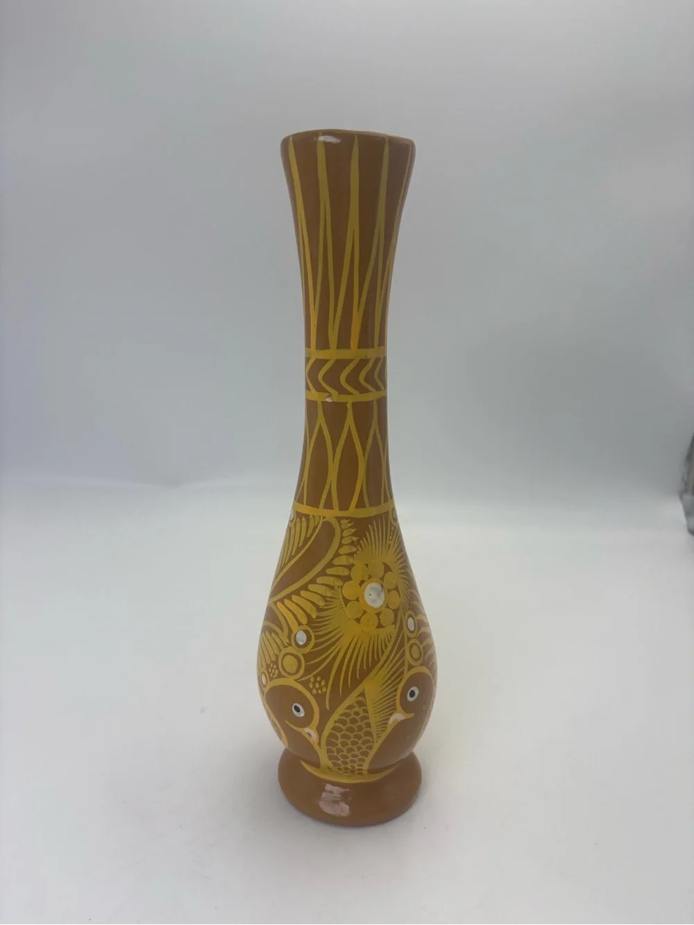 Vintage Mexican Folk Art Redware Pottery Vase in Yellow